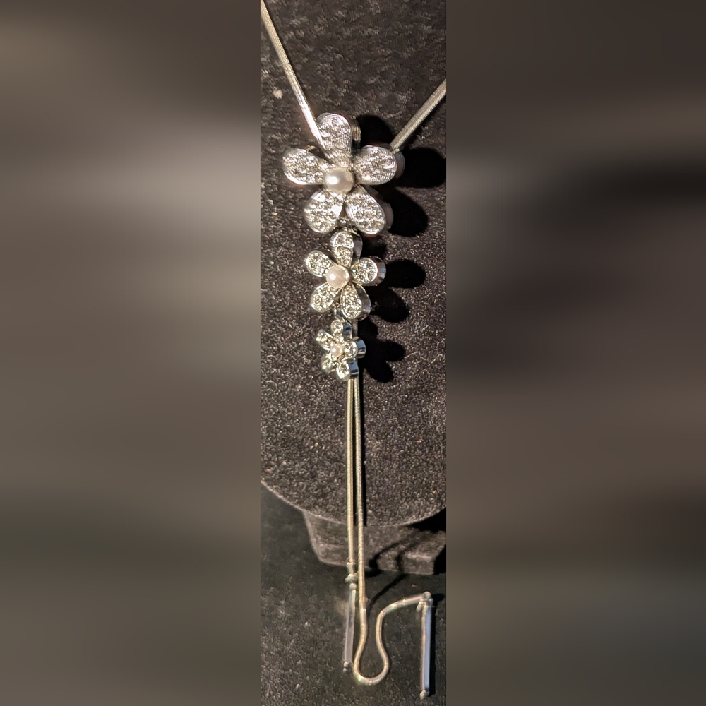 Silver Floral Necklace with Pearls. Adjustable Placement. Very Long